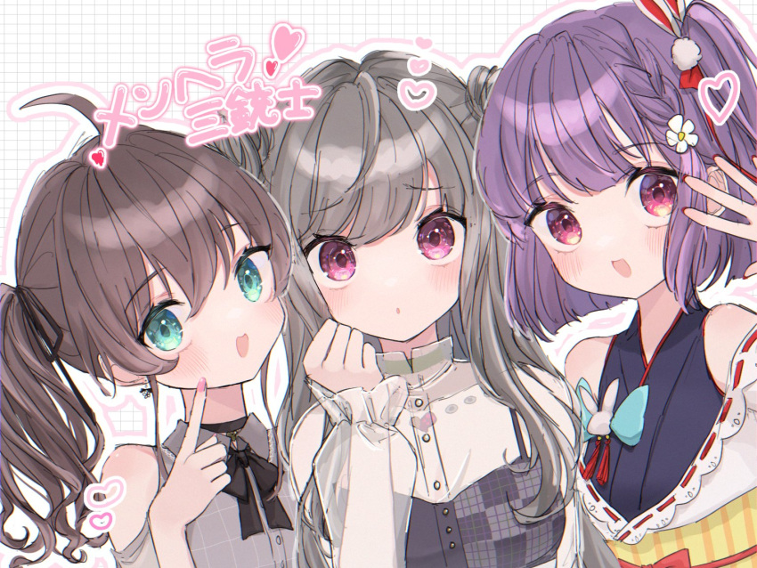 3girls, 774_inc., :o, ahoge, aqua_eyes, bangs, black_choker, black_neckwear