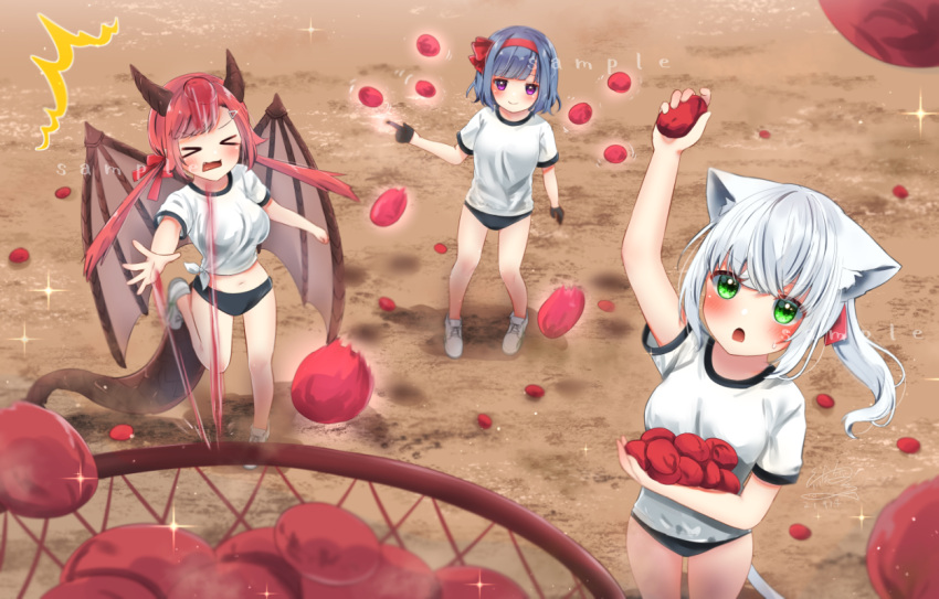 >_<, 3girls, :o, animal_ears, arm_up, bad_hands, bad_proportions, ball