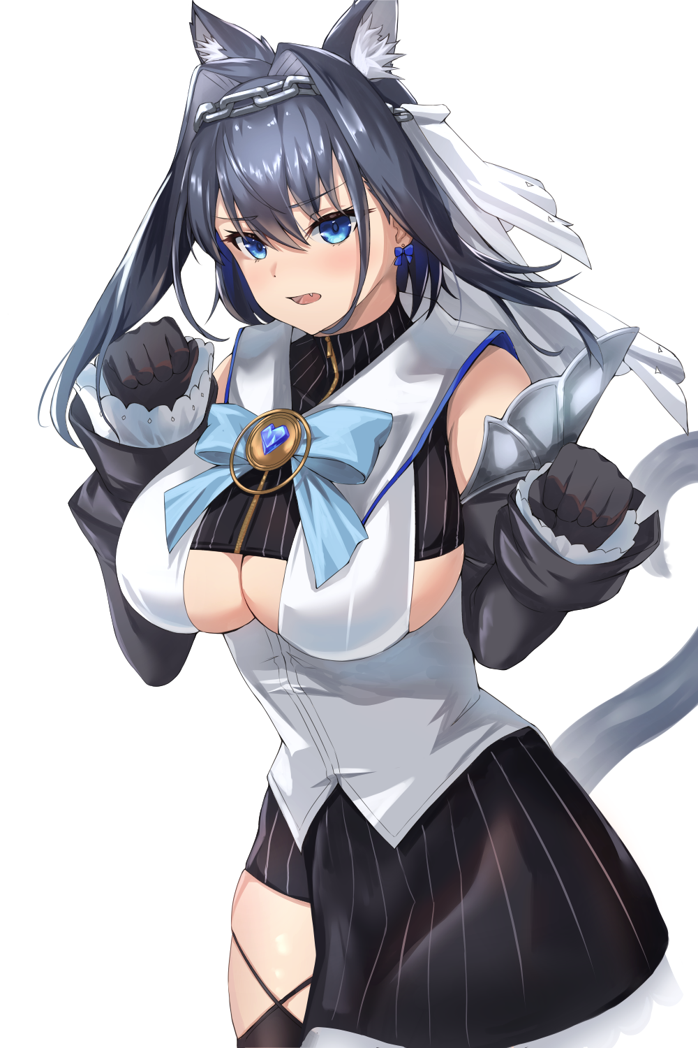 1girl, animal_ears, asymmetrical_clothes, bangs, black_gloves, black_hair, black_skirt, blue_bow