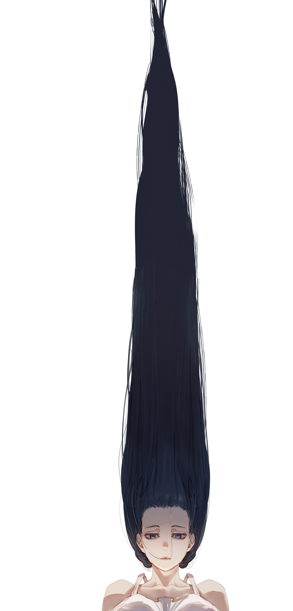 1girl, absurdly_long_hair, bare_shoulders, black_hair, bow_(bhp), breasts, closed_mouth, covered_nipples