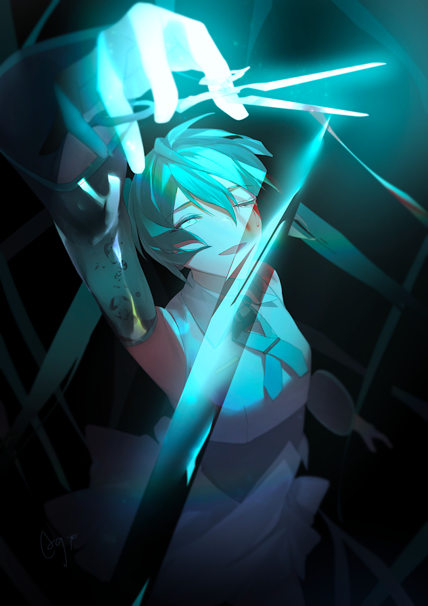 1girl, agyou_sonokou_l, aqua_eyes, aqua_hair, aqua_neckwear, arm_up, bare_shoulders, black_background