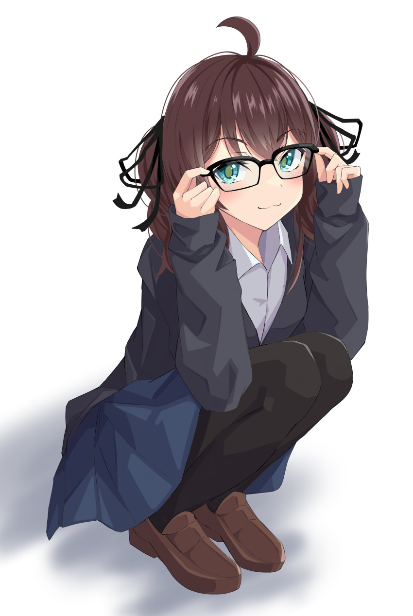 1girl, :3, absurdres, adjusting_eyewear, alternate_costume, bespectacled, black-framed_eyewear, black_legwear
