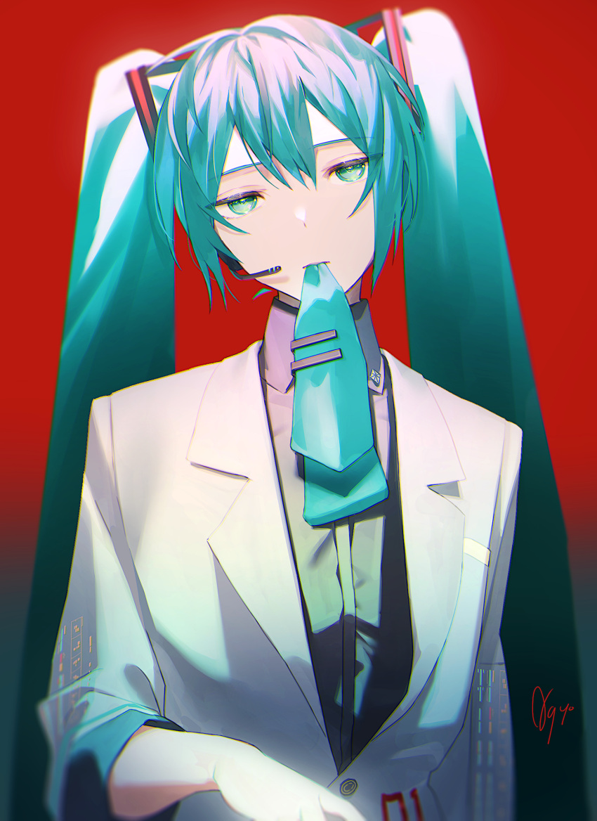 1girl, agyou_sonokou_l, aqua_eyes, aqua_hair, aqua_neckwear, bloom, commentary, expressionless