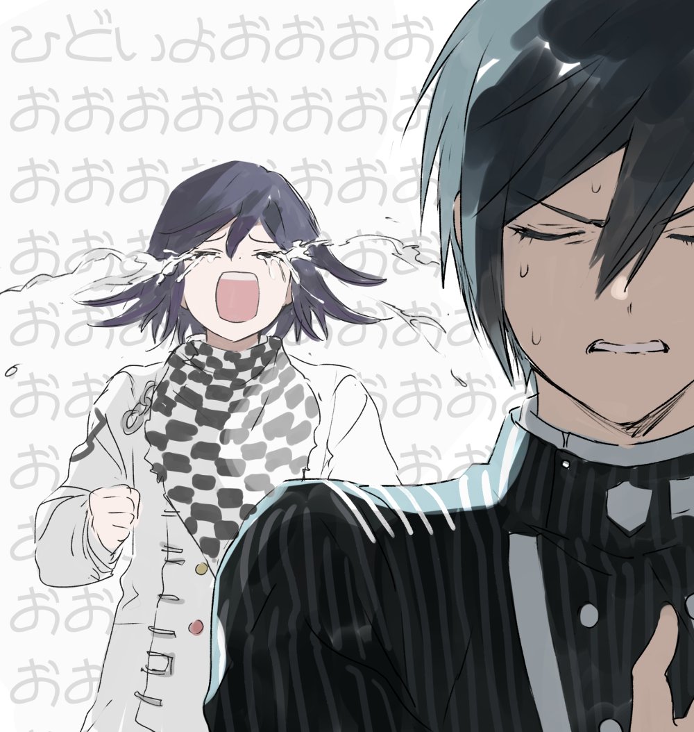 1boy, 1girl, bangs, black_hair, buttons, checkered, checkered_neckwear, checkered_scarf, clenched_hand, clenched_teeth, closed_eyes, crying, danganronpa_(series), danganronpa_v3:_killing_harmony, facing_viewer, flipped_hair, grey_background, hair_between_eyes, hand_up, jacket, jijon_(zzonegirl), long_sleeves, open_mouth, ouma_kokichi, portrait, saihara_shuuichi, scarf, shiny, shiny_hair, shirt, short_hair, striped, striped_jacket, sweat, teeth, translation_request
