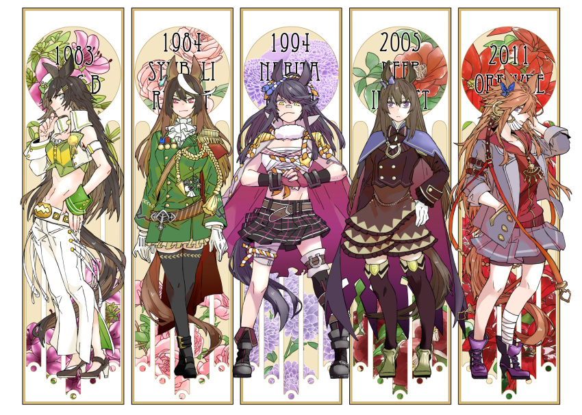 5girls, aiguillette, animal_ears, ankle_boots, art_nouveau, asuka_(junerabitts), bandaged_leg, bandages