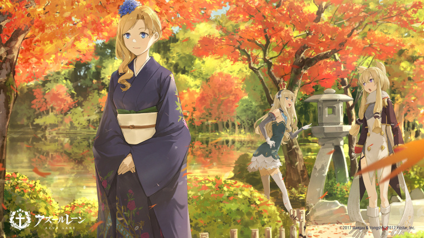 3girls, autumn_leaves, azur_lane, bare_shoulders, black_hairband, blonde_hair, blue_dress, blue_eyes, blue_flower, blue_kimono, boots, breasts, buttons, crown, detached_sleeves, double-breasted, dress, epaulettes, flat_chest, floral_print, flower, gloves, green_eyes, hair_ears, hair_flower, hair_ornament, hair_over_shoulder, hairband, highres, hood_(azur_lane), hood_(porcelain_grace)_(azur_lane), japanese_clothes, kimono, lake, long_hair, medium_breasts, multiple_girls, obi, official_alternate_costume, outdoors, queen_elizabeth_(azur_lane), sash, scarf, short_dress, somehira_katsu, standing, stick, thigh-highs, tied_hair, violet_eyes, warspite_(azur_lane), water, white_footwear, white_gloves, white_legwear, white_sash, white_scarf, wide_sleeves