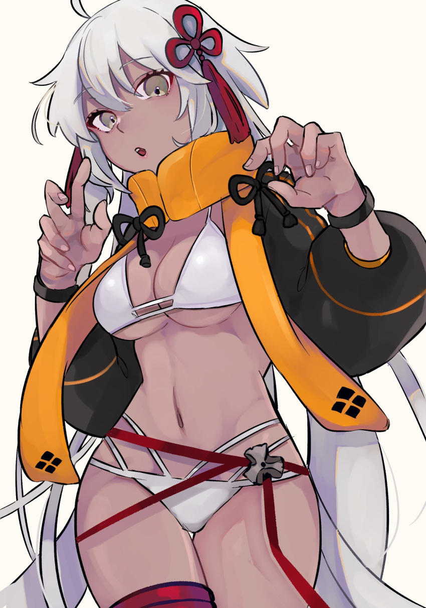 1girl, ahoge, artist_request, bangs, bikini, black_jacket, breasts, commentary_request, cropped_jacket, dark-skinned_female, dark_skin, eyebrows_visible_through_hair, fate/grand_order, fate_(series), fingernails, grey_eyes, hair_between_eyes, hair_ornament, highres, jacket, lips, long_hair, medium_breasts, navel, okita_souji_(alter_swimsuit_saber)_(fate), okita_souji_(fate)_(all), orange_scarf, parted_lips, pink_lips, scarf, shrug_(clothing), sidelocks, solo, swimsuit, tassel, very_long_hair, white_background, white_bikini, white_hair, white_swimsuit