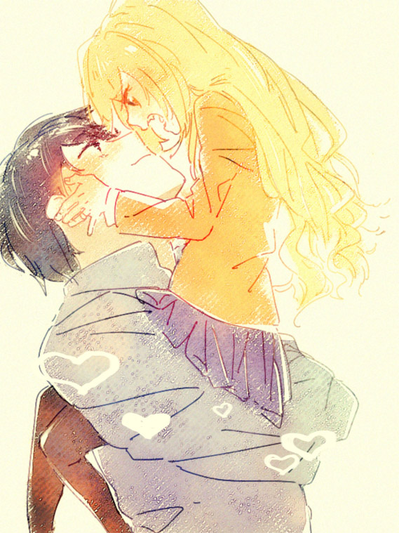 1girl, aisaka_taiga, angry, blonde_hair, chiko_(beroro), couple, hug, long_hair