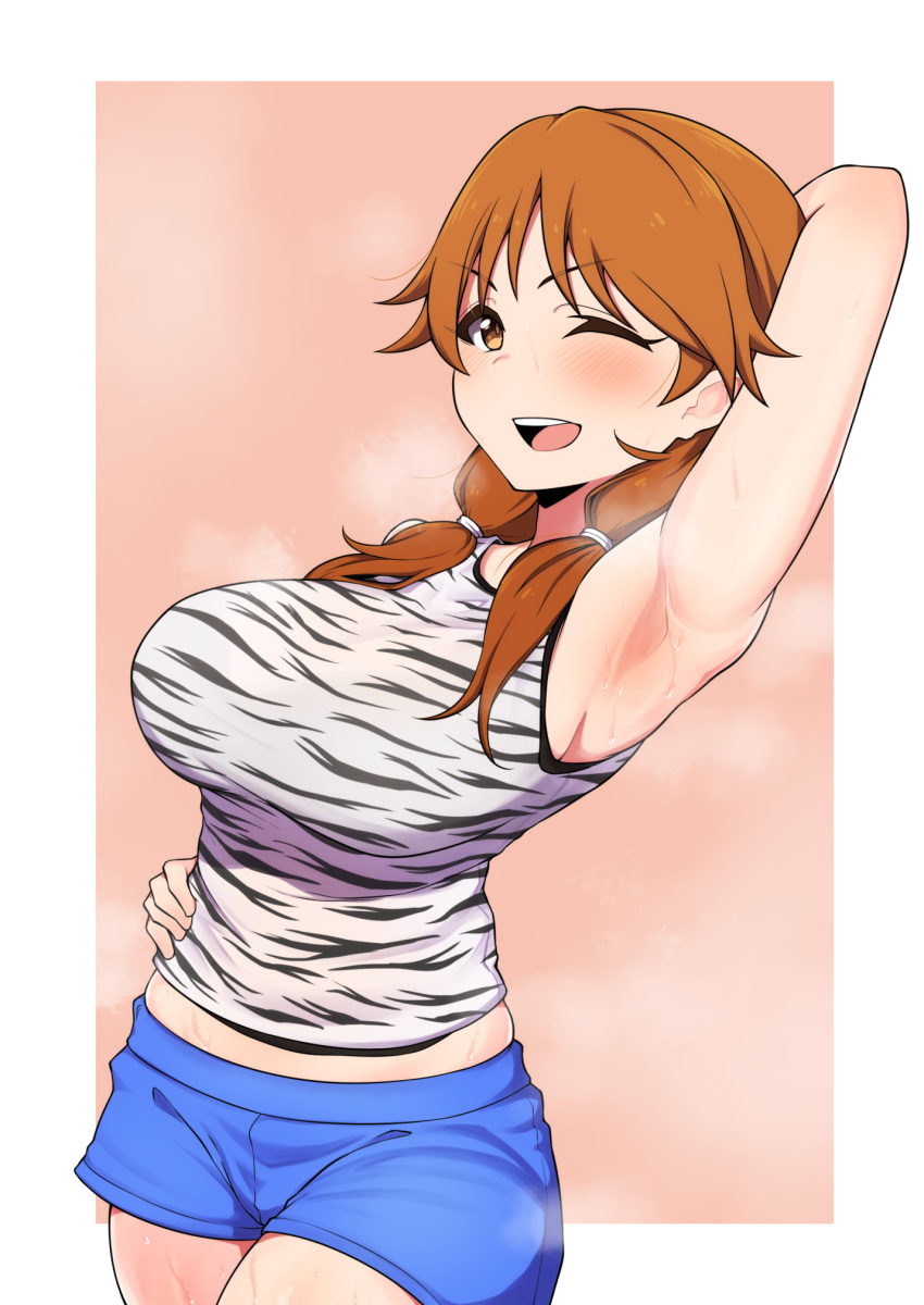 1girl, :d, ;d, animal_print, arm_behind_head, armpits, bangs, bare_arms
