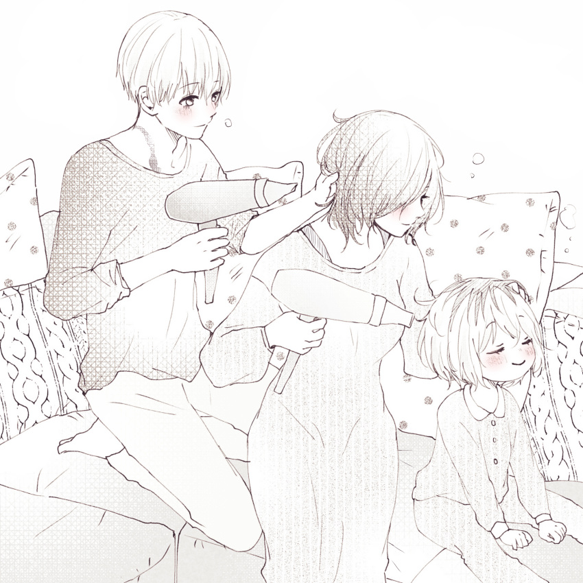 1boy, 2girls, absurdres, bangs, blush, child, closed_eyes, closed_mouth, drying, drying_hair, eyebrows_visible_through_hair, family, father_and_daughter, food, greyscale, hair_dryer, hair_over_one_eye, highres, holding_hair_dryer, kaneki_ichika, kaneki_ken, kirishima_touka, long_sleeves, male_focus, monochrome, mother_and_daughter, multicolored_hair, multiple_girls, pajamas, pants, pillow, shirt, short_hair, sitting, smile, sweater, tokyo_ghoul, tokyo_ghoul:re, toukaairab, two-tone_hair
