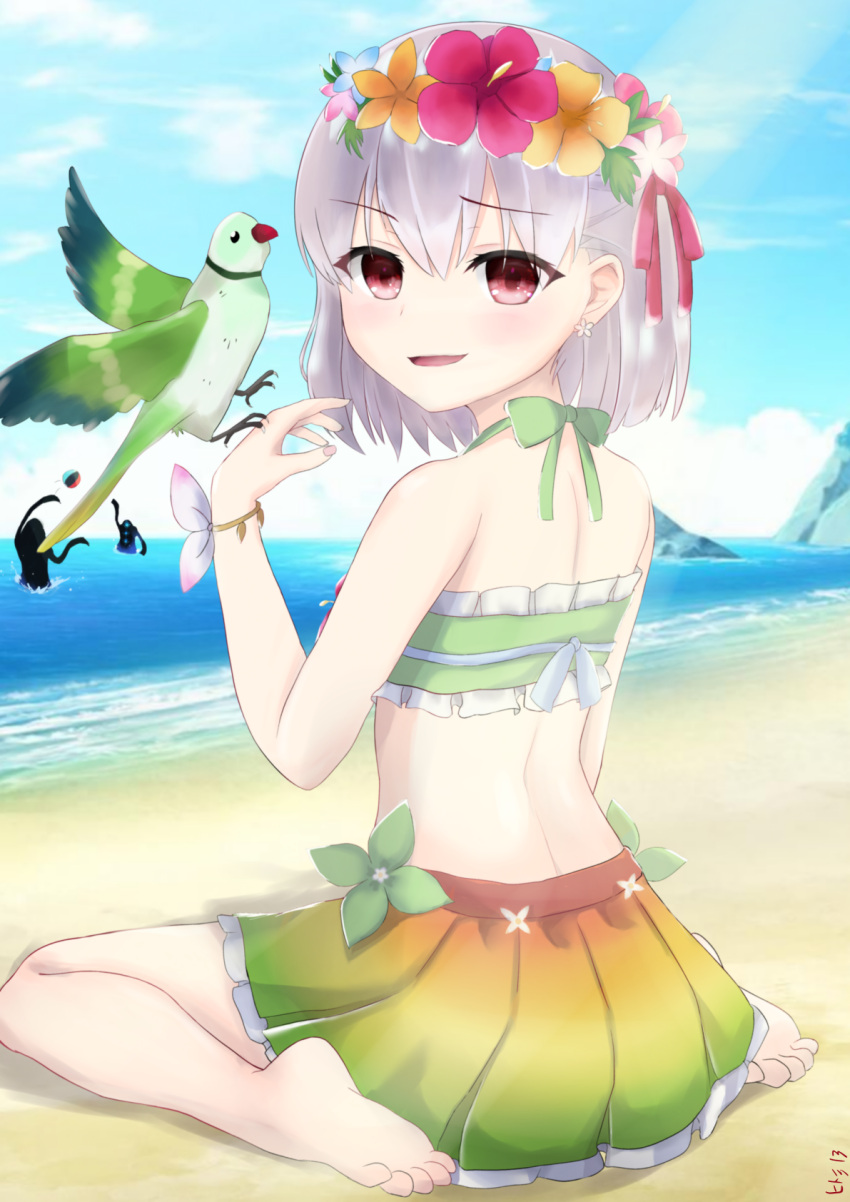 1girl, back, bangs, bare_shoulders, barefoot, beach, bikini, bird, blue_sky, blush, breasts, fate/grand_order, fate_(series), flower_wreath, green_bikini, hair_ribbon, head_wreath, highres, hitomi13, kama_(fate), kama_(swimsuit_avenger)_(fate), legs, looking_at_viewer, looking_back, miniskirt, open_mouth, parakeet, rainbow_skirt, red_eyes, ribbon, shore, short_hair, silver_hair, sitting, skirt, sky, small_breasts, smile, swimsuit, wariza
