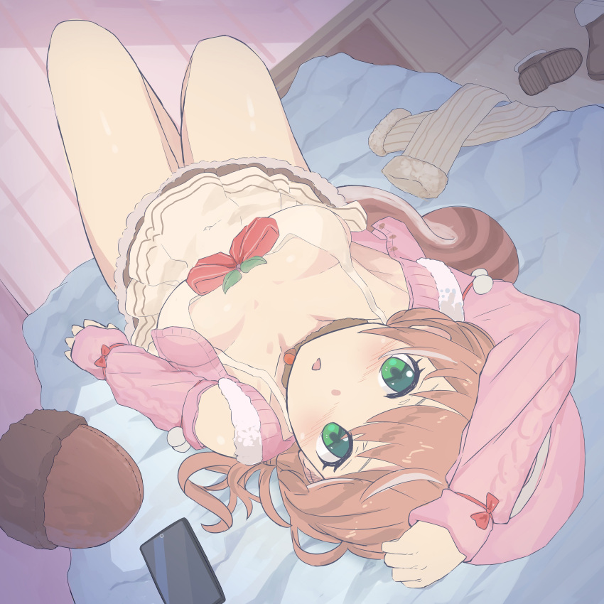 1girl, absurdres, acorn, animal_ear_fluff, animal_ears, armpits, ayunda_risu, bed