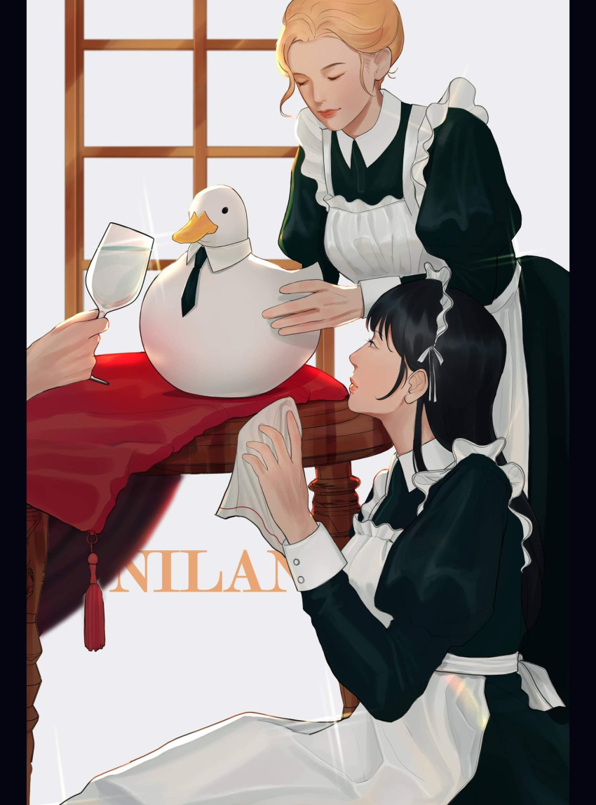 3girls, animal, apron, artist_name, bangs, bird, black_dress, black_hair