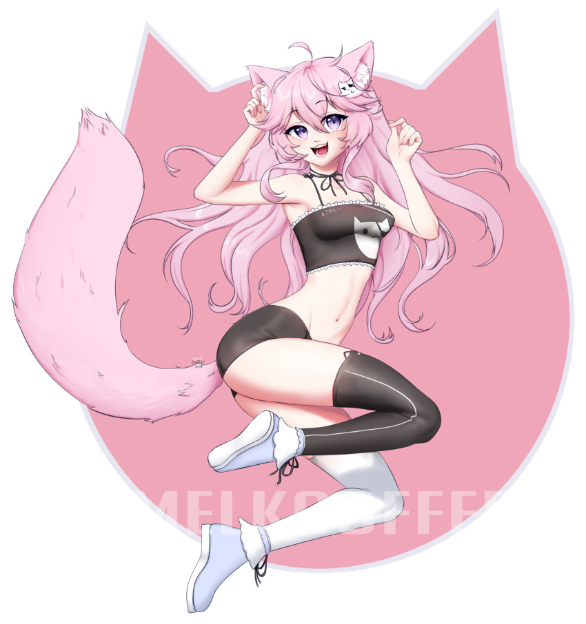 1girl, animal_ears, cat_ears, cat_tail, highres, jacket, md5_mismatch, melkcoffee, nyatasha_nyanners, pink_eyes, self_upload, solo, tail, thigh-highs, thighs, violet_eyes, virtual_youtuber, vshojo
