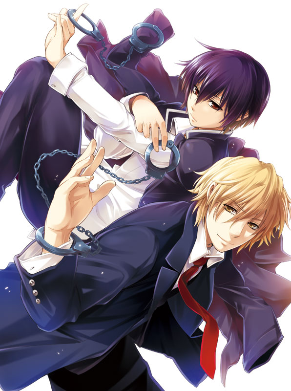 ale, blonde_hair, coat, cuffs, dino, handcuffs, hibari_kyouya, katekyo_hitman_reborn, katekyo_hitman_reborn!, m1a1, male, multiple_boys, necktie, purple_hair, red_eyes, smile, yellow_eyes
