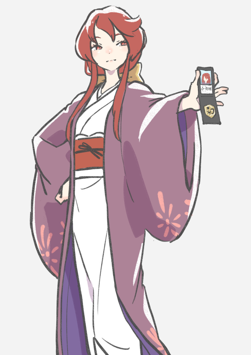 1girl, absurdres, bow, grey_background, hair_between_eyes, hair_bow, highres, id_card, japanese_clothes, kawayabug, kimono, kotohime_(touhou), light_smile, long_hair, long_sleeves, looking_to_the_side, low-tied_long_hair, obi, police_badge, purple_kimono, red_eyes, redhead, sash, simple_background, smile, solo, standing, touhou, white_background, wide_sleeves, yellow_bow