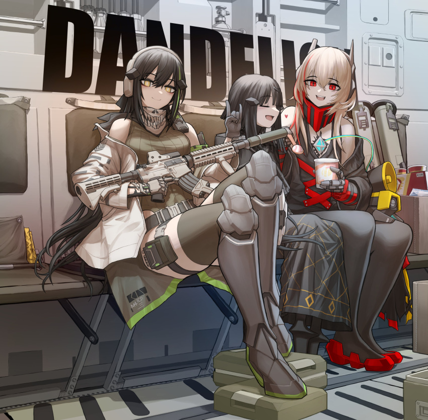 3girls, absurdres, anna_(girls'_frontline), assault_rifle, black_hair, blonde_hair, cheogtanbyeong, cosplay