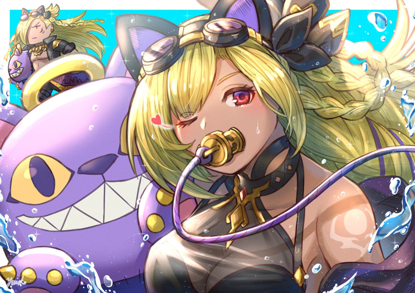 1boy, 1girl, beelzebub_(granblue_fantasy), blonde_hair, breasts, dark-skinned_female, dark-skinned_male, dark_skin