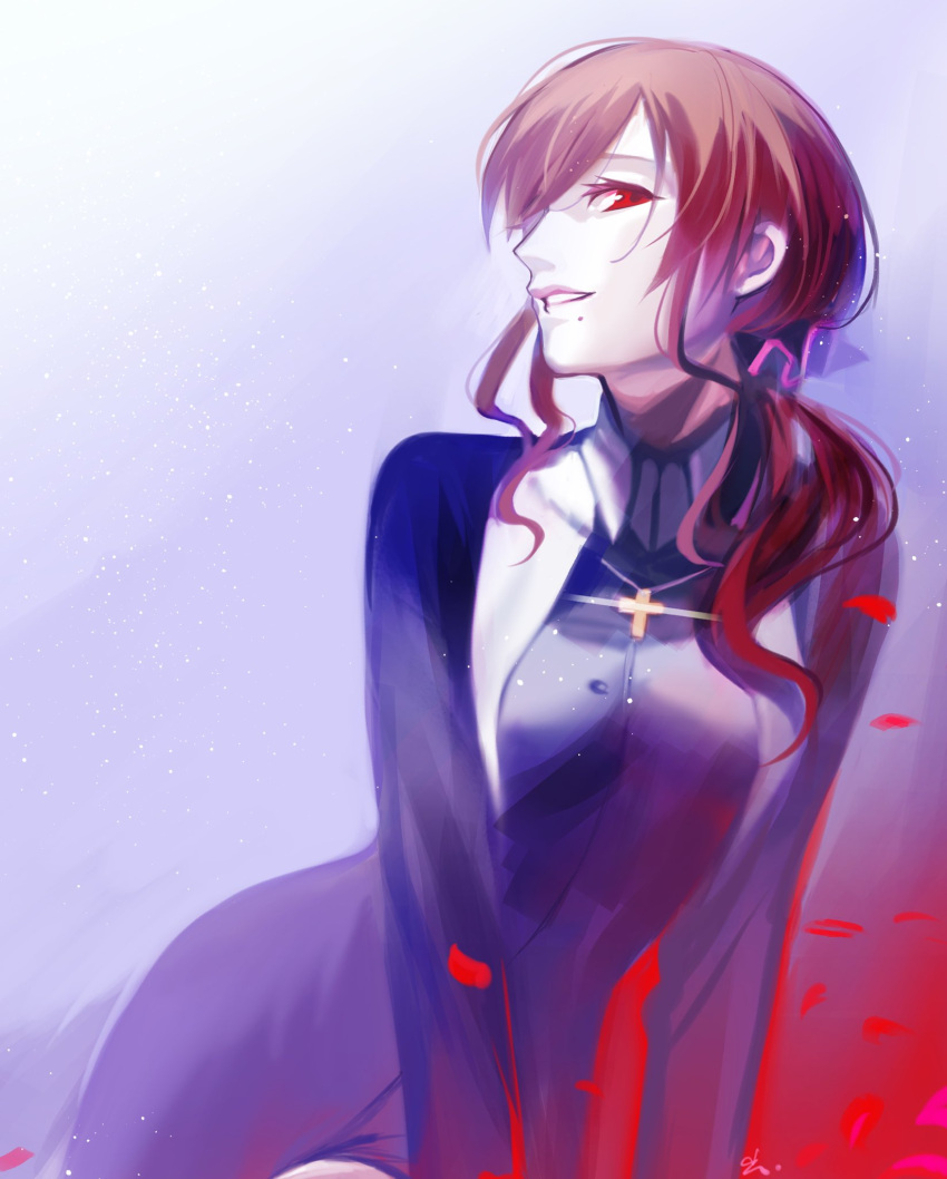 1girl, asakou_(n_morninglight), bangs, black_dress, blood, blood_on_clothes, brown_hair, commentary_request
