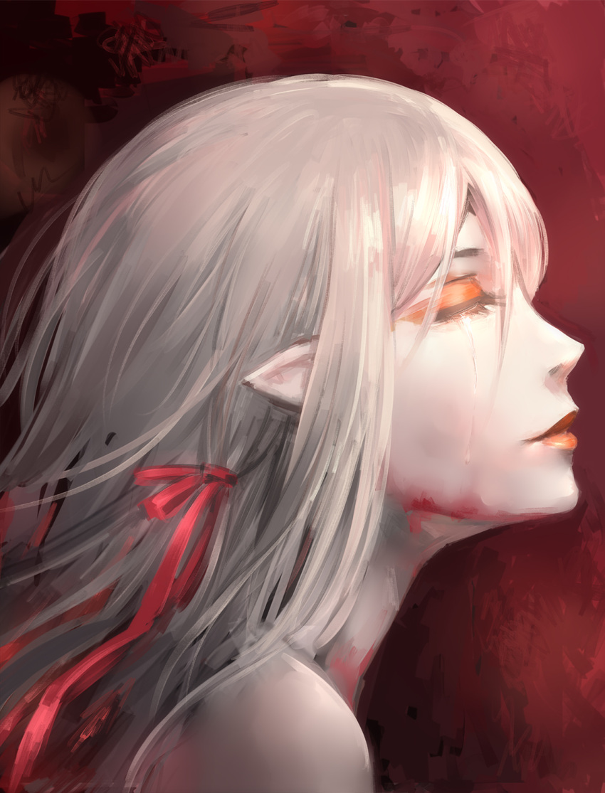 1girl, bakemonogatari, bangs, bare_shoulders, blonde_hair, blood, closed_eyes, dress