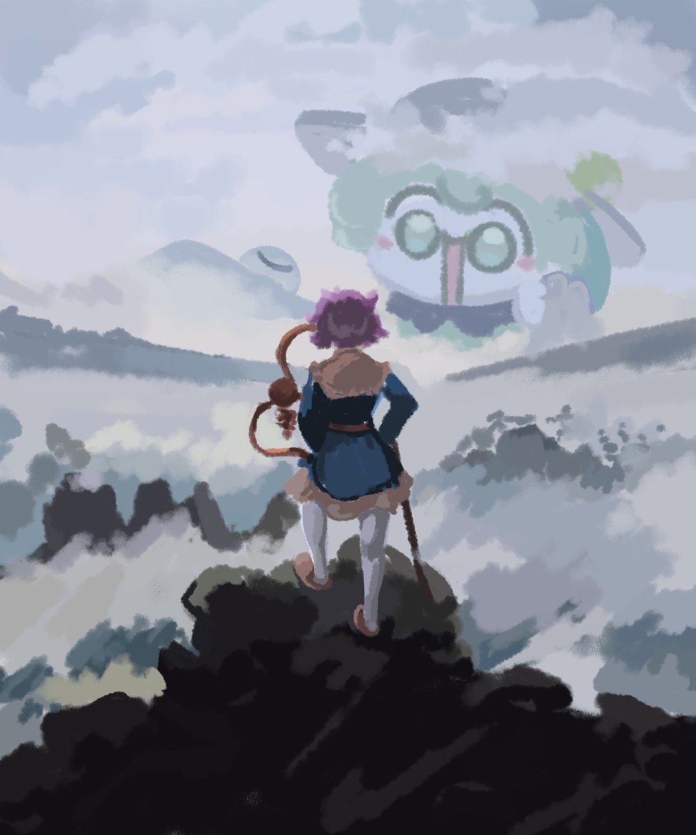 2girls, bangs, black_headwear, blue_shirt, clouds, fine_art_parody, from_behind, full_body