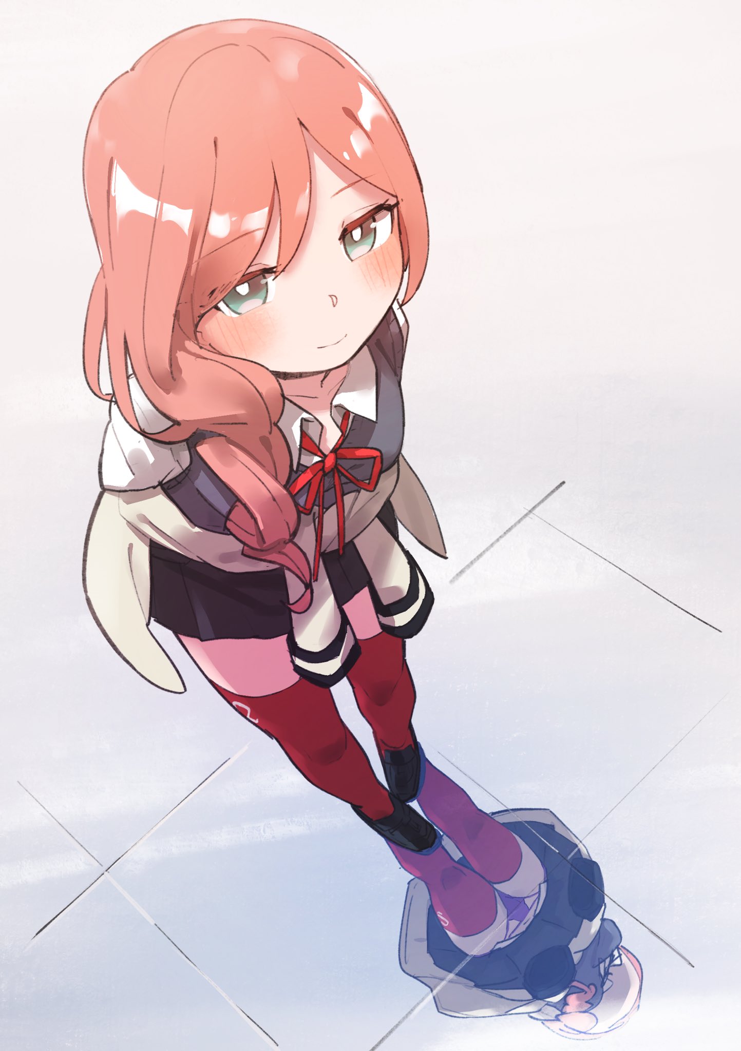 1girl, aqua_eyes, arms_behind_back, bangs, beige_jacket, black_footwear, black_skirt, blush, breasts, bright_pupils, closed_mouth, clothes_around_waist, collarbone, collared_shirt, commentary_request, extended_upskirt, eyebrows_visible_through_hair, foreshortening, from_above, full_body, goe_(g-o-e), gradient, gradient_background, grey_background, grey_sweater_vest, hair_over_shoulder, highres, jacket, jacket_around_waist, leaning_forward, loafers, long_hair, long_sleeves, looking_at_viewer, looking_up, medium_breasts, miniskirt, navel, neck_ribbon, panties, pantyshot, pantyshot_(reflection), pink_hair, pleated_skirt, purple_panties, red_legwear, red_neckwear, red_ribbon, reflection, reflective_floor, ribbon, school_uniform, shiny, shiny_hair, shirt, shoes, shoujo_kageki_revue_starlight, shoujo_kageki_revue_starlight_-re_live-, skirt, smile, solo, standing, sweater_vest, thigh-highs, tile_floor, tiles, tsuruhime_yachiyo, underwear, upskirt, white_pupils, white_shirt