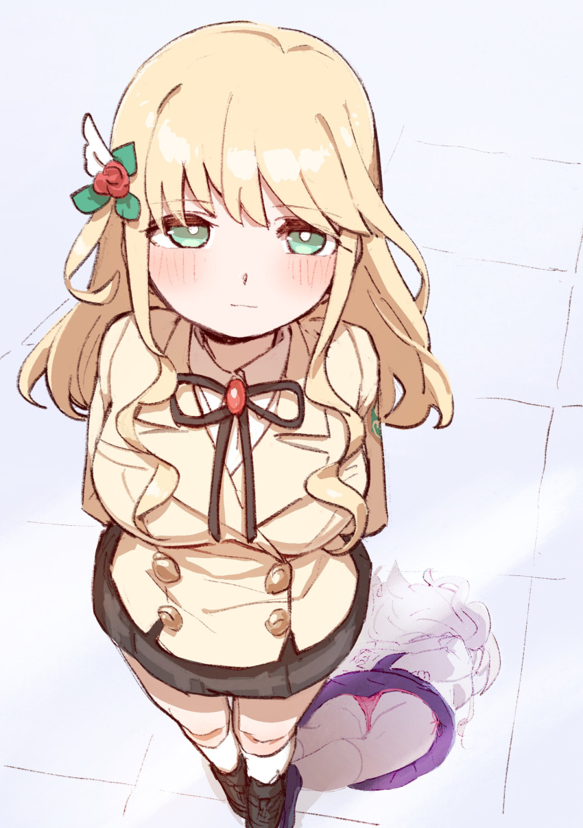 1girl, absurdres, aqua_eyes, arms_behind_back, ass, bangs, beige_jacket, black_footwear