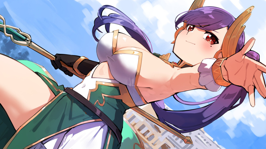 1girl, absurdres, armpits, bangs, black_gloves, blue_sky, blush, bracelet