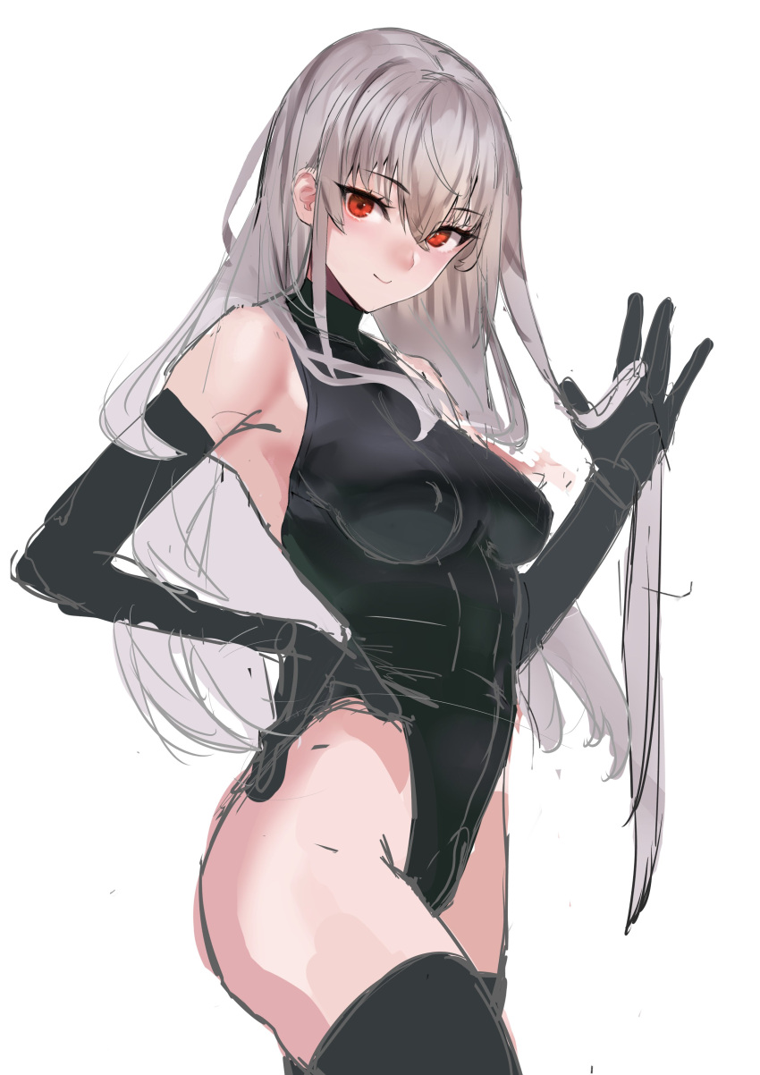 1girl, absurdres, black_legwear, black_leotard, breasts, elbow_gloves, gloves, grey_hair