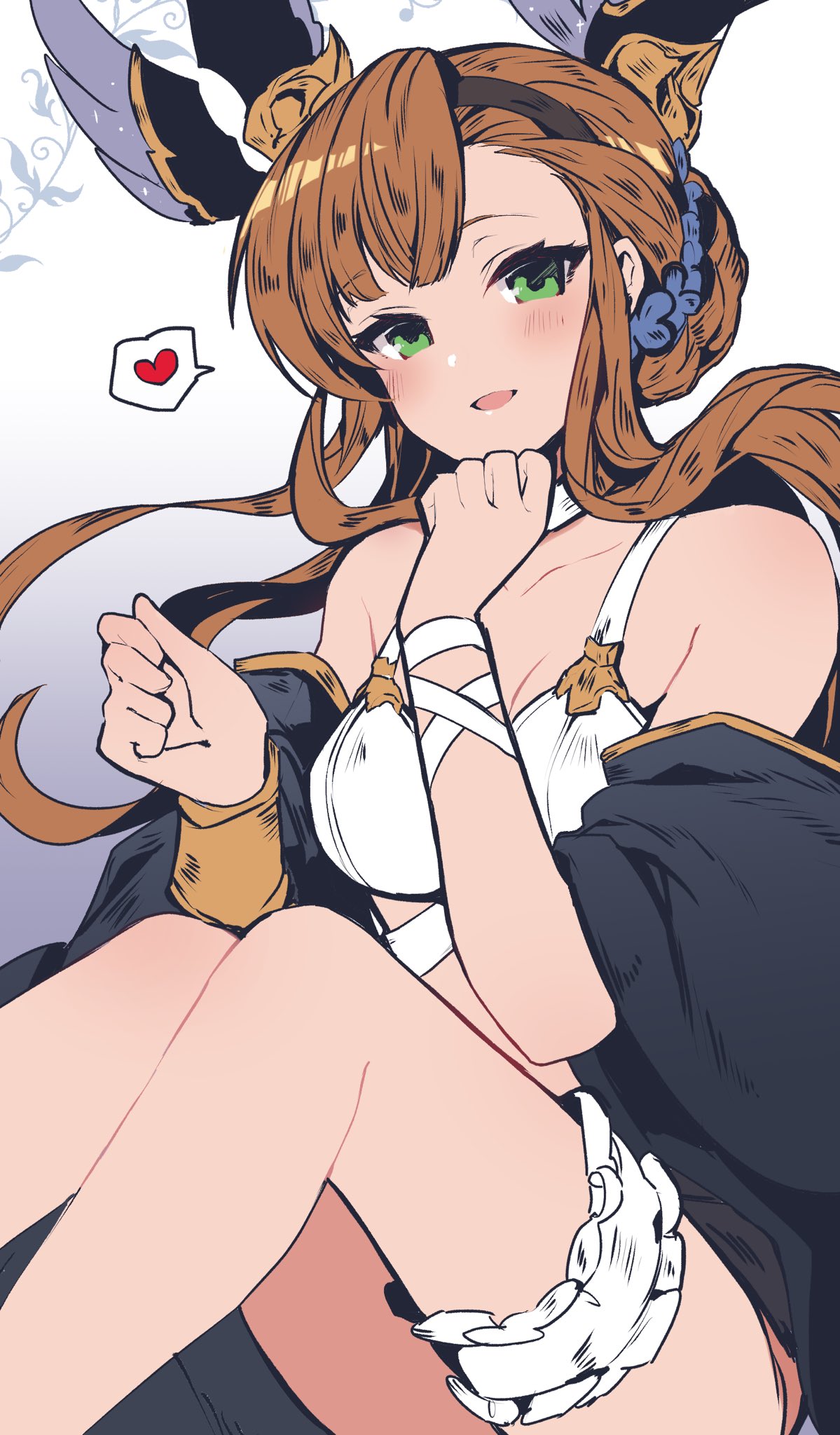 1girl, bangs, bare_shoulders, bikini, blush, bracer, breasts, brown_hair, choker, collarbone, gradient, gradient_background, granblue_fantasy, green_eyes, hair_ornament, hairband, heart, highres, leg_garter, long_hair, looking_at_viewer, medium_breasts, nozomu144, off_shoulder, official_alternate_costume, parted_lips, sitting, solo, speech_bubble, spoken_heart, swimsuit, symbol-only_commentary, tweyen_(granblue_fantasy), white_bikini