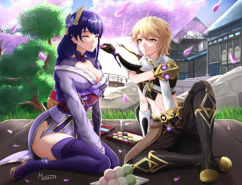 1boy, 1girl, absurdres, aether_(genshin_impact), bangs, blonde_hair, braid, cherry_blossoms
