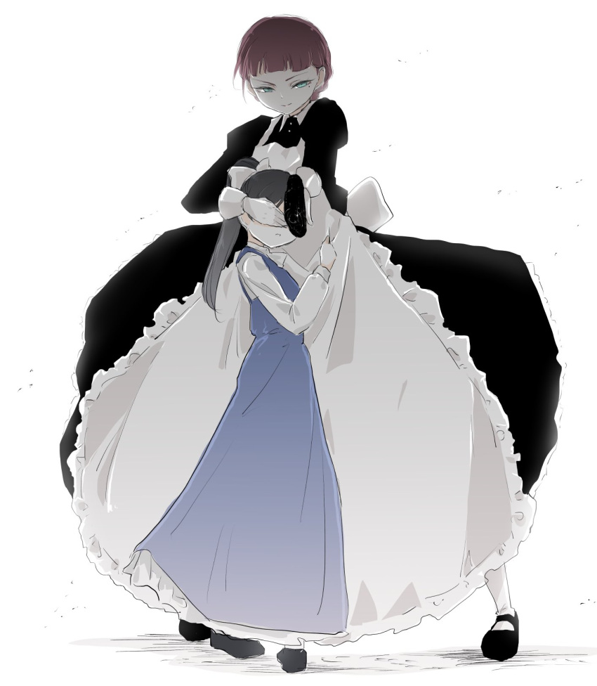 2girls, apron, ast, black_hair, child, commentary, covering_another's_eyes, green_eyes, hair_ribbon, hazuki_ren, highres, long_hair, love_live!, love_live!_superstar!!, maid, maid_apron, medium_hair, mole, mole_under_eye, multiple_girls, ponytail, redhead, ribbon, saya_(love_live!), simple_background, white_background, younger