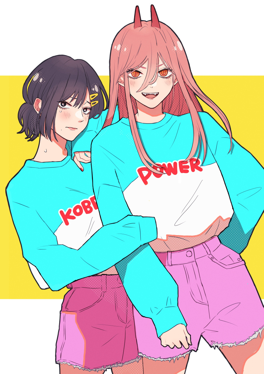 +_+, 2girls, absurdres, black_eyes, black_hair, blue_shirt, blush, chainsaw_man