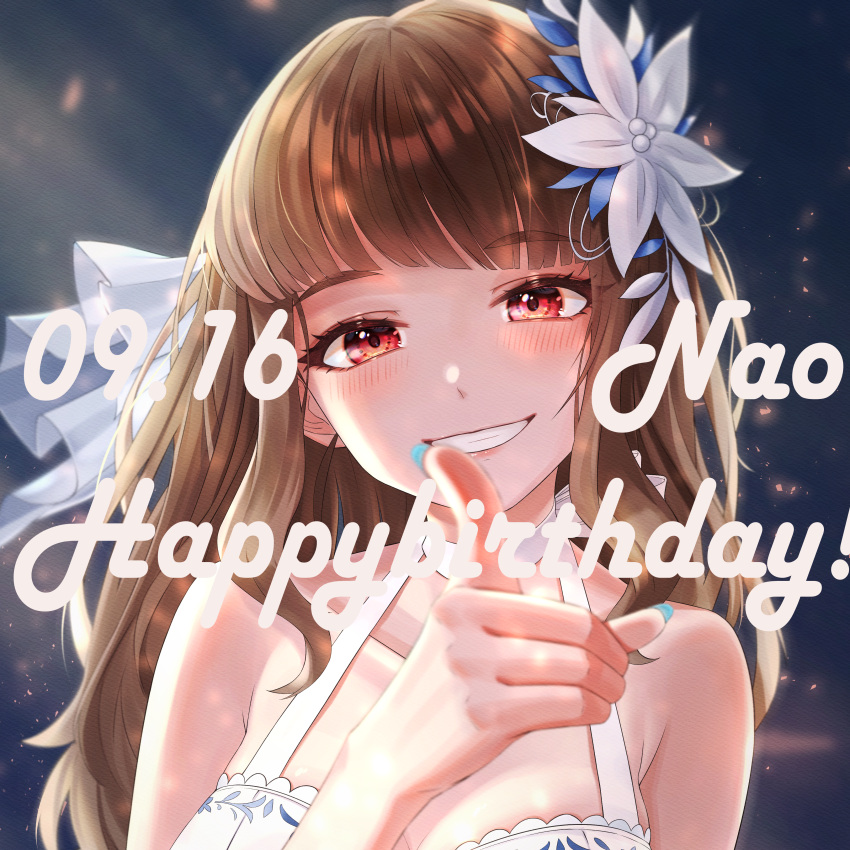 1girl, :d, absurdres, armpit_crease, bangs, bare_shoulders, blunt_bangs, blush