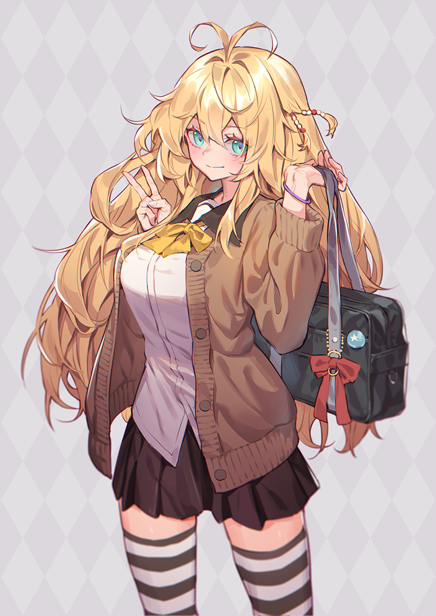 1girl, antenna_hair, argyle, argyle_background, bag, beads, black_bag, black_legwear