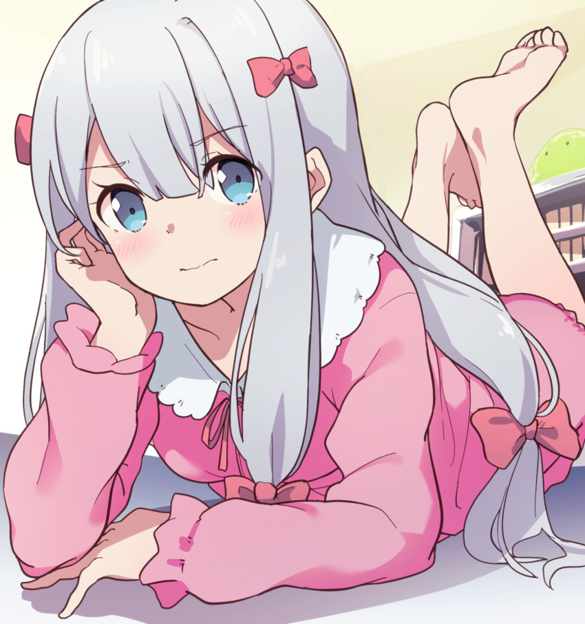 arm_support, bangs, barefoot, blue_eyes, blush, closed_mouth, eromanga_sensei, eyebrows_visible_through_hair