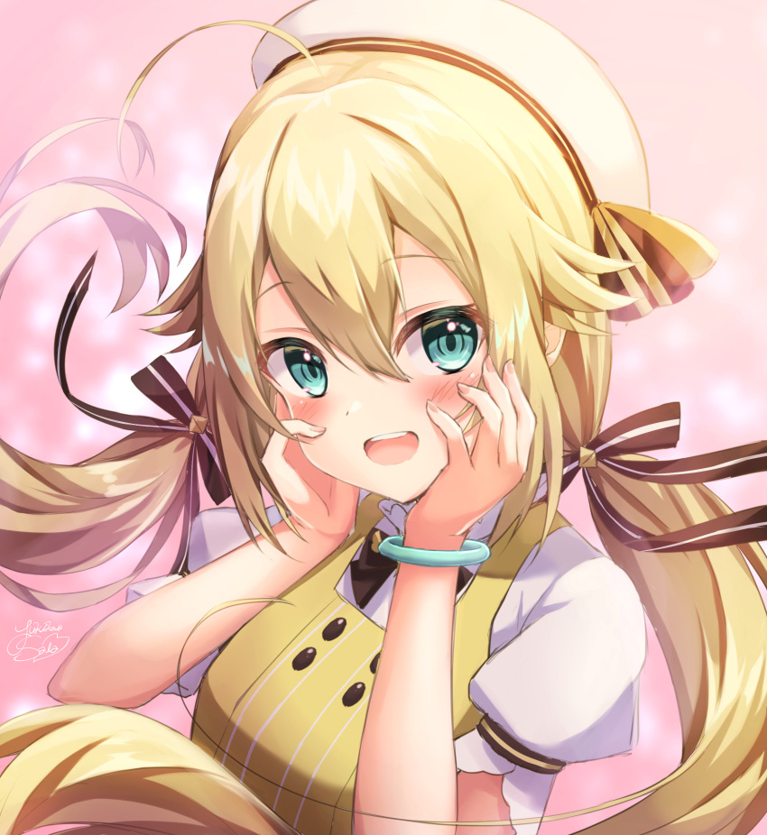 1girl, :d, absurdres, ahoge, bangs, beret, black_ribbon, blonde_hair