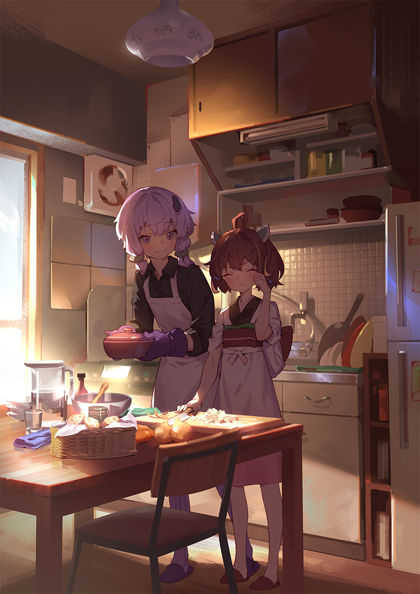 2girls, ahoge, apron, bangs, basket, black_shirt, blush, bowl