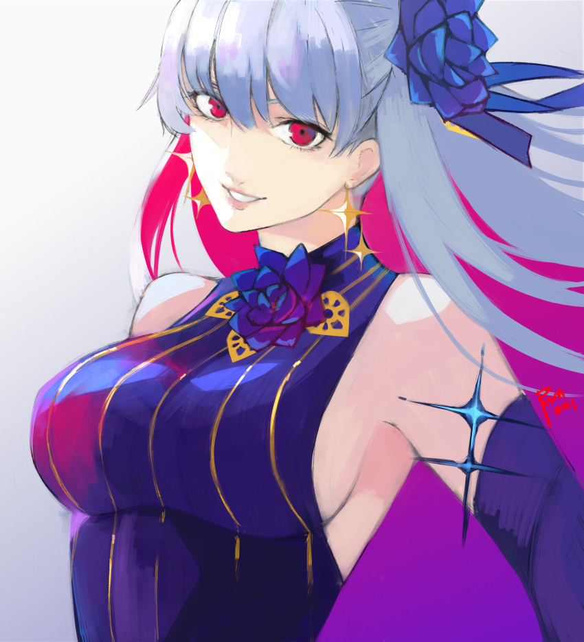 1girl, bangs, bare_shoulders, blue_dress, breasts, detached_sleeves, dress, earrings