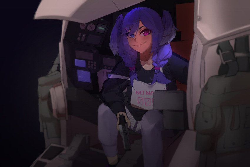1girl, b3_wingman_elite, big_brother, black_sweater, blue_eyes, braid, closed_mouth, cockpit