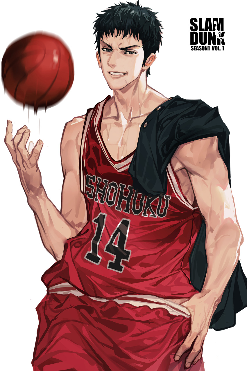 1boy, absurdres, ball, basketball, basketball_jersey, basketball_uniform, black_eyes, black_hair