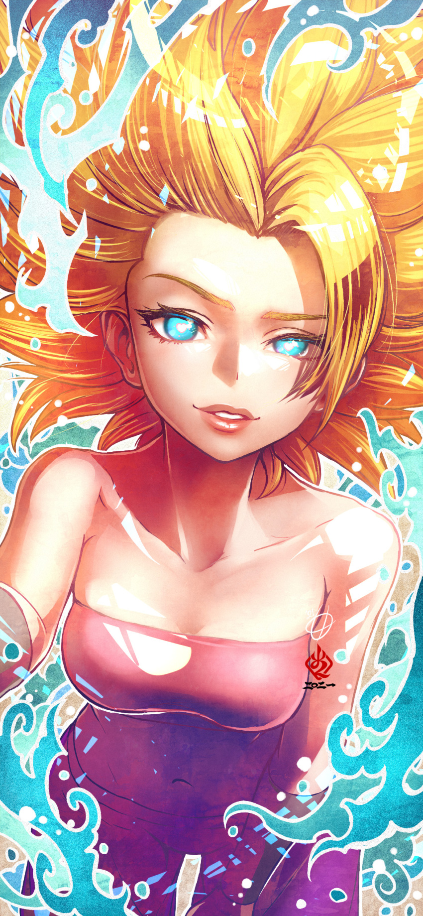 1girl, absurdres, amaguchi_chiyoko, artist_name, bandeau, bent_over, blonde_hair, blue_eyes