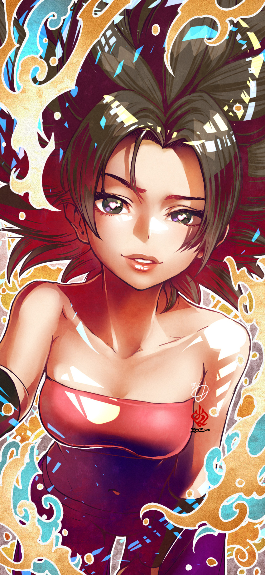 1girl, absurdres, amaguchi_chiyoko, artist_name, bandeau, bent_over, black_eyes, black_hair