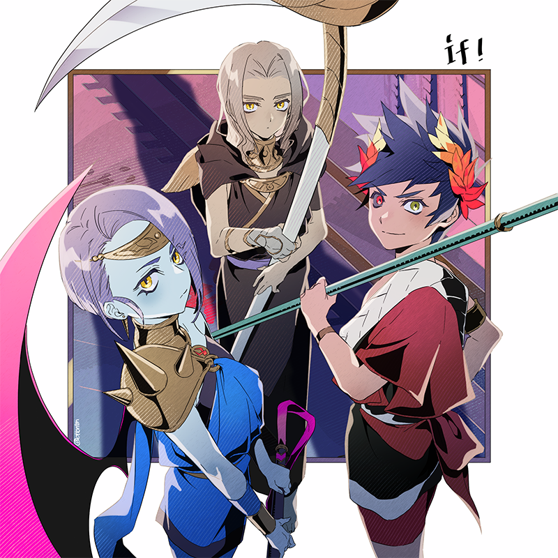 1girl, 2boys, black_hair, black_sclera, blue_hair, blue_skin, colored_sclera, colored_skin