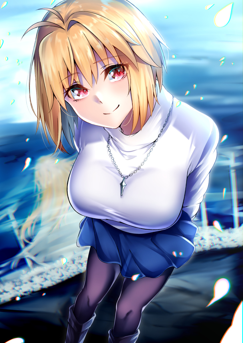 1girl, absurdres, antenna_hair, arcueid_brunestud, arms_behind_back, bangs, black_legwear, blonde_hair