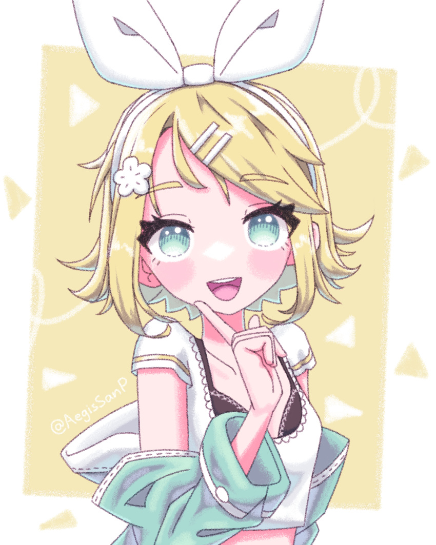 1girl, aegissanp, alternate_costume, aqua_eyes, bangs, blonde_hair, blush, bow