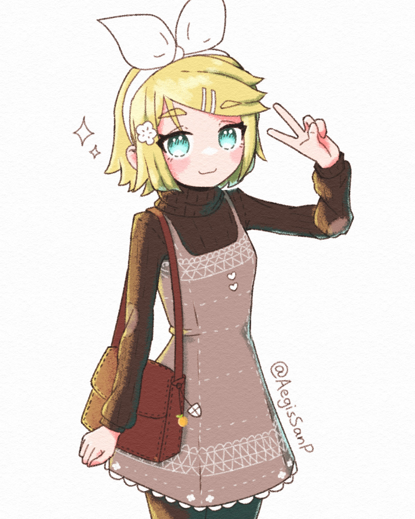 1girl, aegissanp, alternate_costume, aqua_eyes, bag, blonde_hair, blush, bow