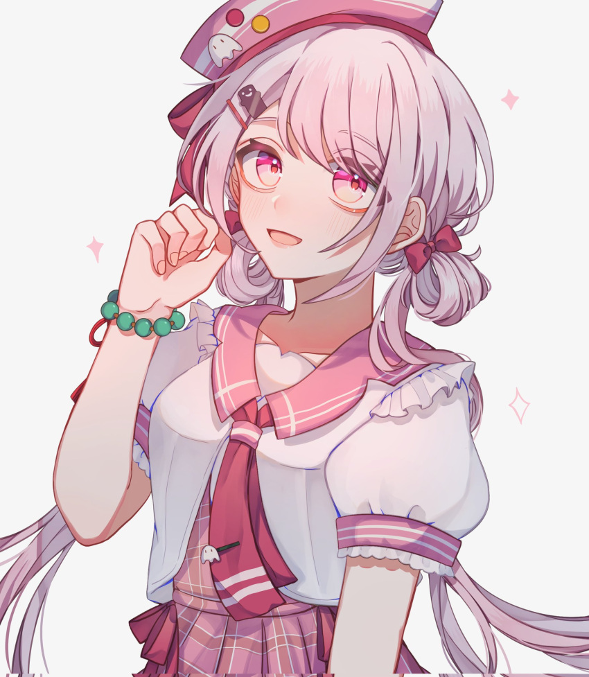 1girl, bead_bracelet, beads, bow, bracelet, hair_behind_ear, hair_bow, hair_ornament