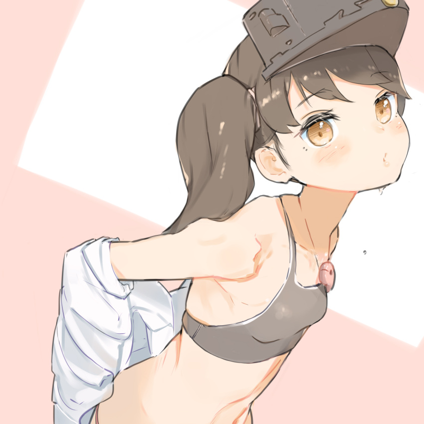 1girl, absurdres, bangs, blush, bra, breasts, brown_eyes, brown_hair, co_botan, eyebrows_visible_through_hair, grey_bra, highres, jewelry, kantai_collection, long_hair, looking_at_viewer, magatama, magatama_necklace, necklace, open_clothes, ryuujou_(kancolle), shirt, simple_background, small_breasts, solo, sports_bra, sweat, two-tone_background, underwear, upper_body, visor_cap, white_shirt