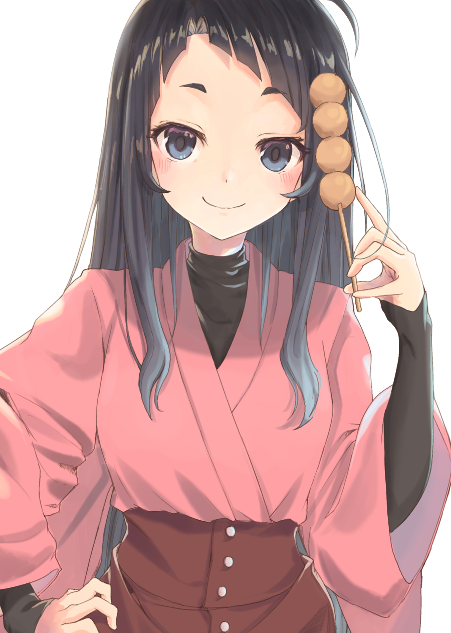 1girl, black_hair, blue_eyes, blush, food, hand_on_hip, highres, holding